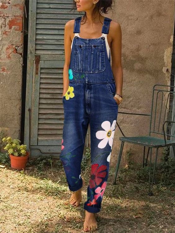 Women's Sleeveless Floral Embroidered Jumpsuit — Relaxed Fit Casual Summer Jumpsuit with Adjustable Straps | Koossa
