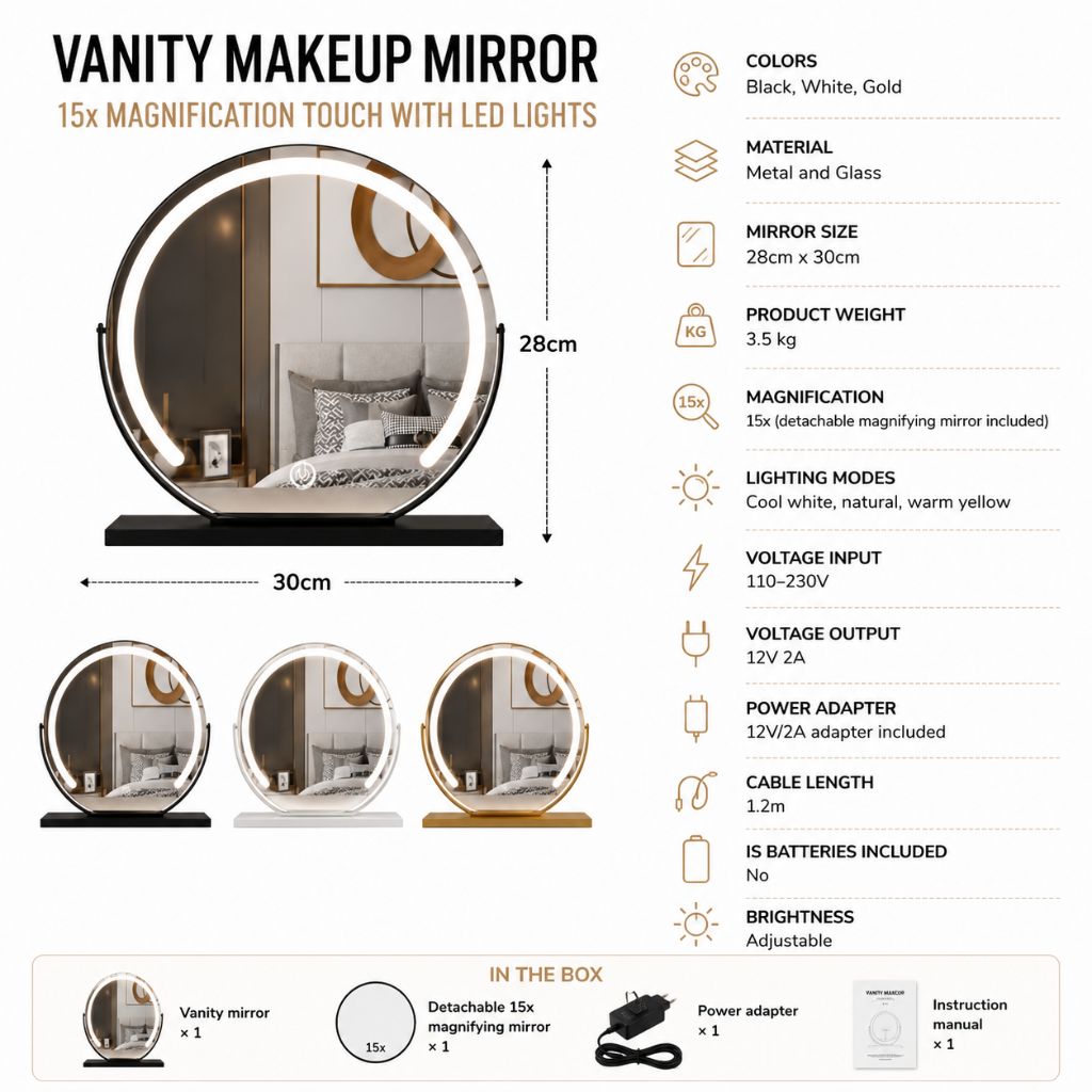 LED Lighted Makeup Mirror with 15x Magnifier, Touch Dimming, 3 Light Modes, Gold Black White Desktop Vanity, Rotating Frame | Lonoma
