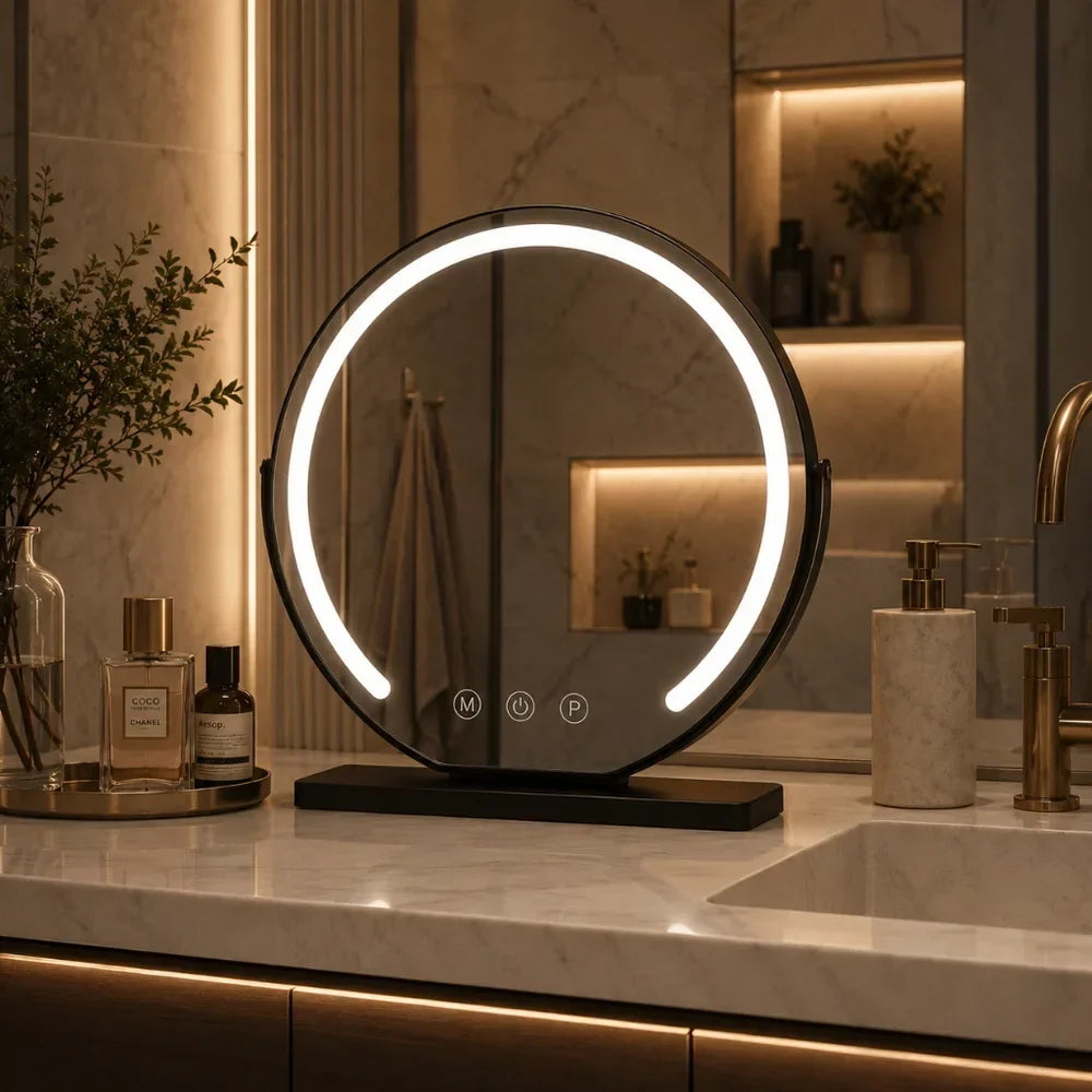 LED Lighted Makeup Mirror with 15x Magnifier, Touch Dimming, 3 Light Modes, Gold Black White Desktop Vanity, Rotating Frame | Lonoma