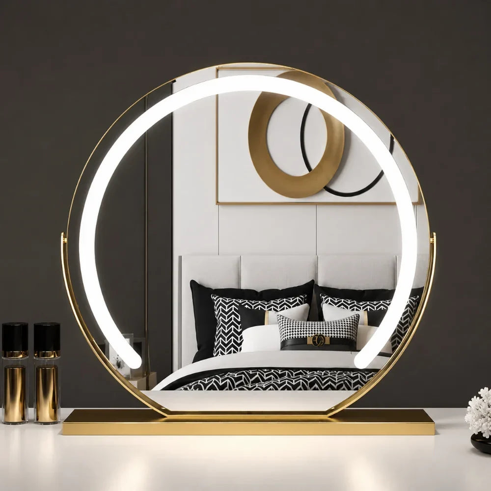 LED Lighted Makeup Mirror with 15x Magnifier, Touch Dimming, 3 Light Modes, Gold Black White Desktop Vanity, Rotating Frame | Lonoma