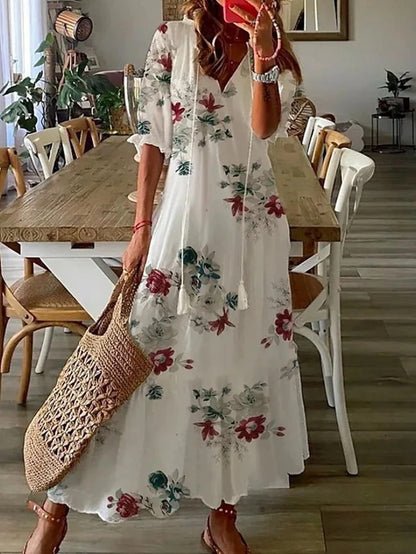 Women's Printed A-Line Midi Dress with Lantern Sleeves and V-Neckline for Relaxed Daywear | Koossa