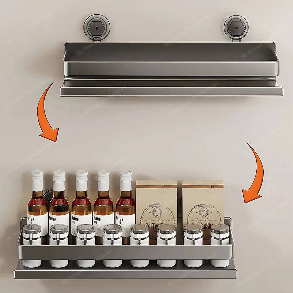 Stainless Steel Wall Shelf Suction Cup Spice Rack No-Drill Kitchen Storage Adjustable 12-20 Inch Organizer for Bathroom Pantry Cooking | Lonoma