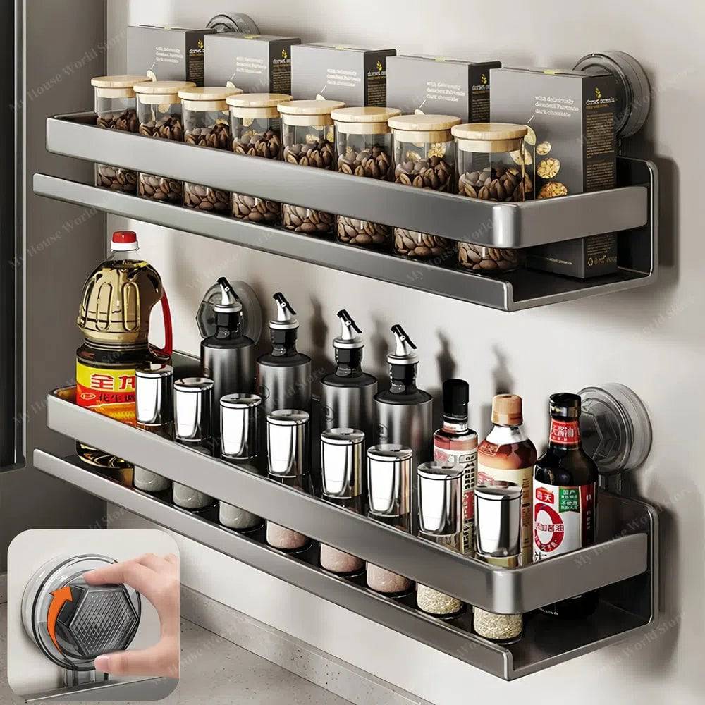Stainless Steel Wall Shelf Suction Cup Spice Rack No-Drill Kitchen Storage Adjustable 12-20 Inch Organizer for Bathroom Pantry Cooking | Lonoma