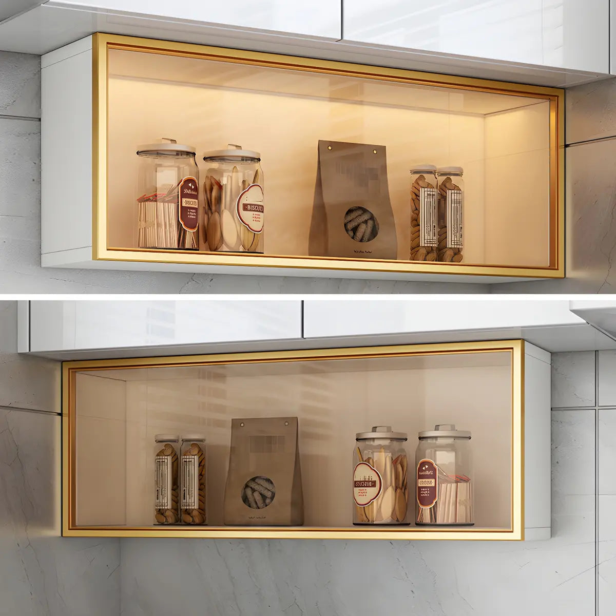 Vitrine Murale avec Porte Vitrée Blanc Gris 5 Tailles LED Rangement Aérien Cuisine Salon Élégant Moderne | Koossa