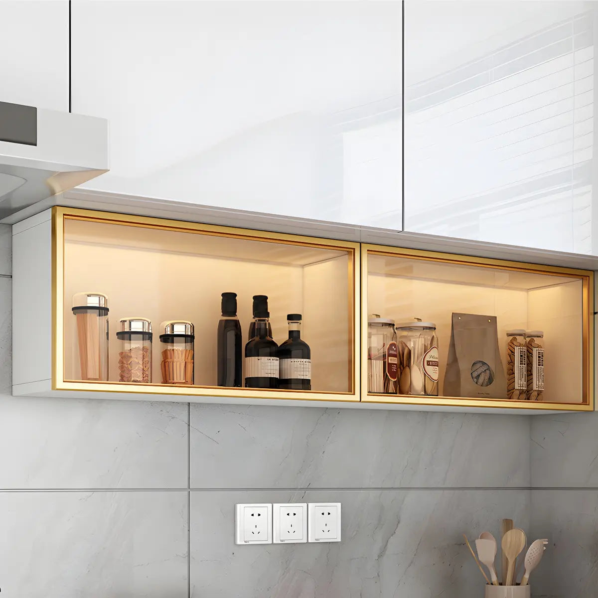 Vitrine Murale avec Porte Vitrée Blanc Gris 5 Tailles LED Rangement Aérien Cuisine Salon Élégant Moderne | Koossa