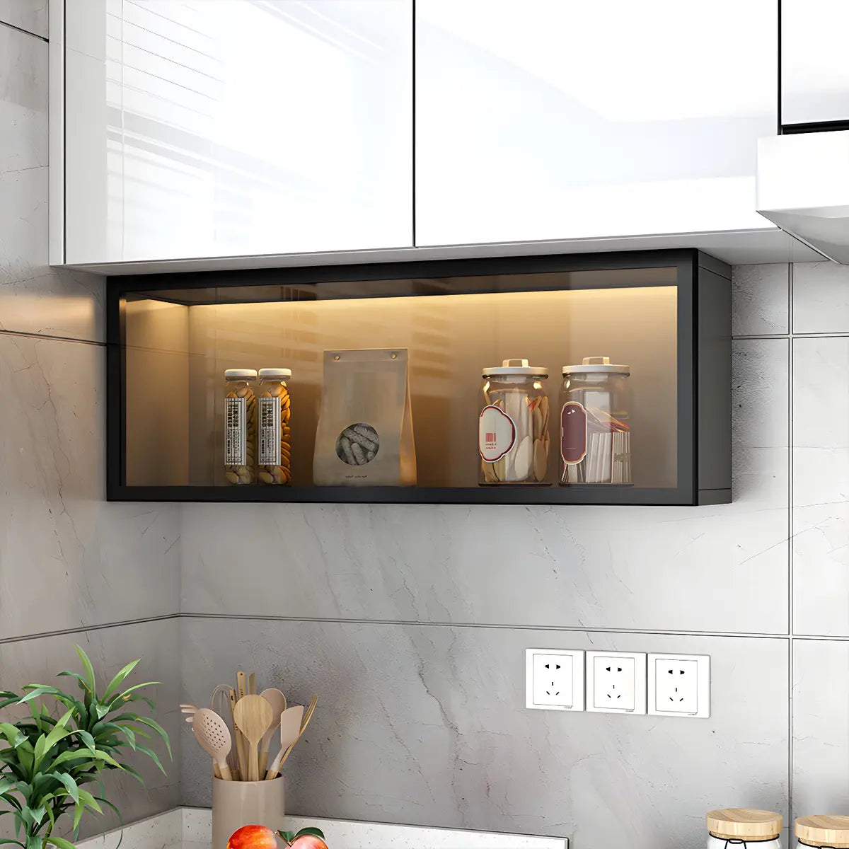 Vitrine Murale avec Porte Vitrée Blanc Gris 5 Tailles LED Rangement Aérien Cuisine Salon Élégant Moderne | Koossa
