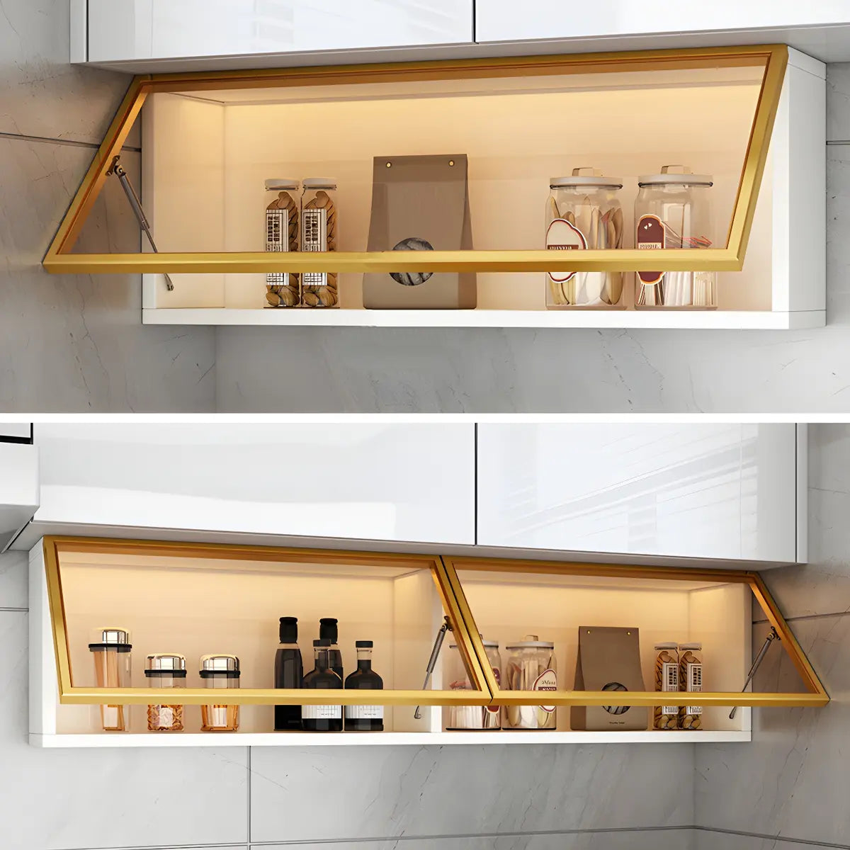 Vitrine Murale avec Porte Vitrée Blanc Gris 5 Tailles LED Rangement Aérien Cuisine Salon Élégant Moderne | Koossa