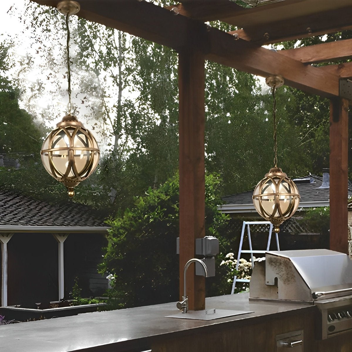 Suspension extérieure globe en aluminium noir E27 pour jardin terrasse balcon éclairage vintage ambiance rétro | Koossa
