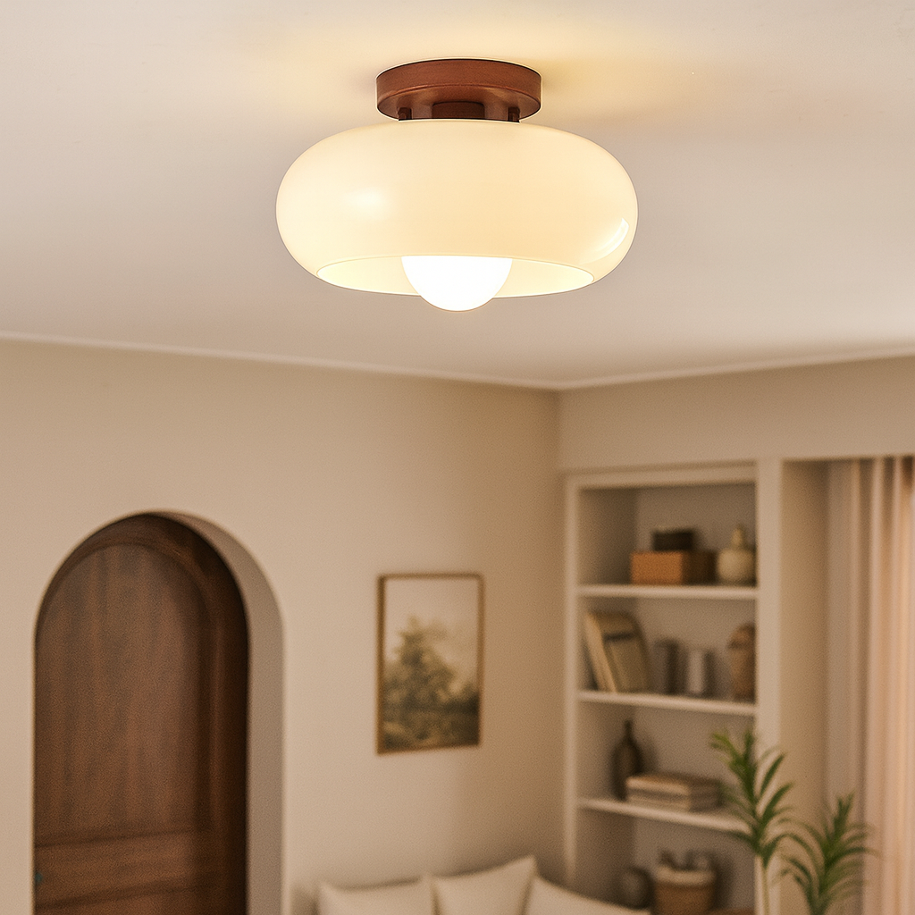 Bauhaus Ceiling Light, Round Opal Glass Flush Mount with Wood Accent, LED Compatible Fixture for Bedroom, Hallway, Kitchen & Living Room | Lonoma