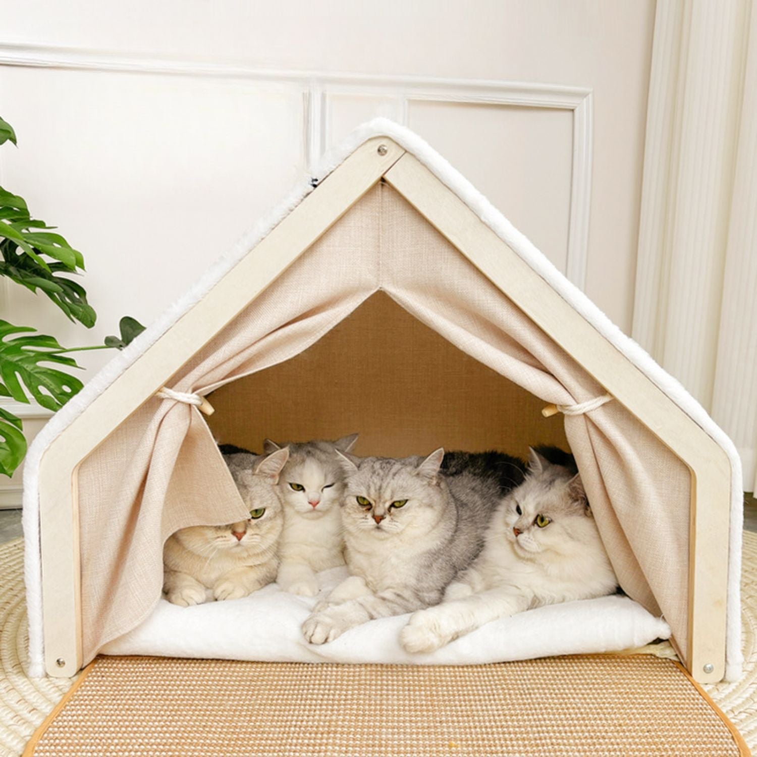 Cat House with Scratching Roof Sisal Wooden Indoor Cat Bed Cave Hideaway Warm Cushion Small Medium Large Kitten Furniture Cosy Villa | Koossa