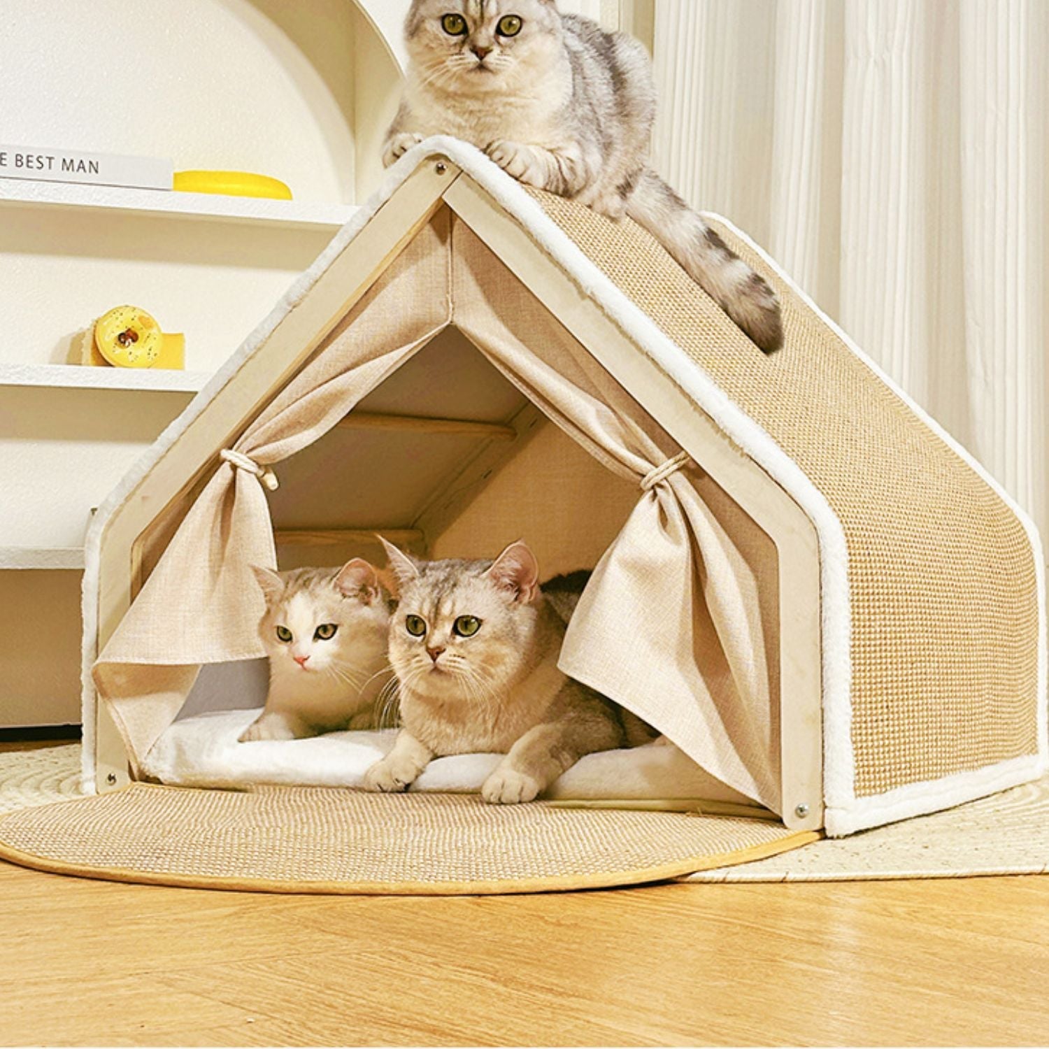 Cat House with Scratching Roof Sisal Wooden Indoor Cat Bed Cave Hideaway Warm Cushion Small Medium Large Kitten Furniture Cosy Villa | Koossa