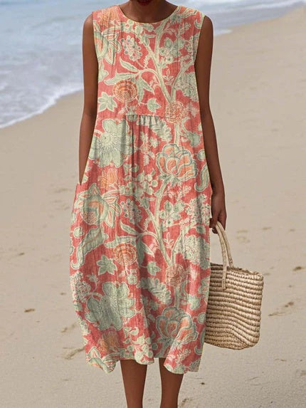 Women's Vintage Floral Wrap Dress with Pockets — Sleeveless Cotton Day Dress for Summer & Garden Parties | Koossa