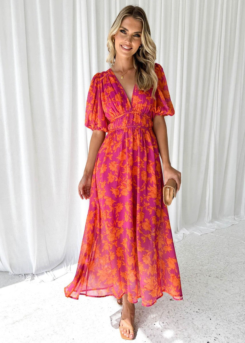 Women's Floral V-Neck Maxi Dress in Orange – Elegant Wedding Guest & Garden Party Dress with Flowing Silhouette and Bold Botanical Print | Koossa