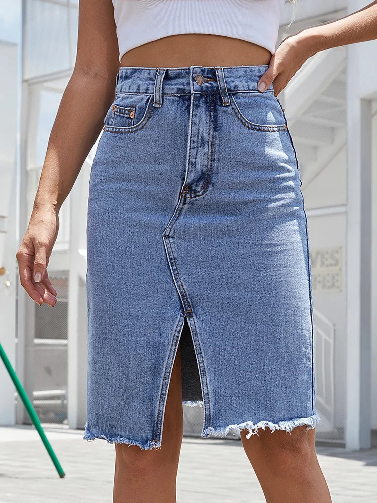 High-Waist Midi Skirt with Front Slit in Blue – Effortless Summer Styling, Versatile Wardrobe Essential, Flattering Silhouette for Warm-Weather Occasions | Koossa