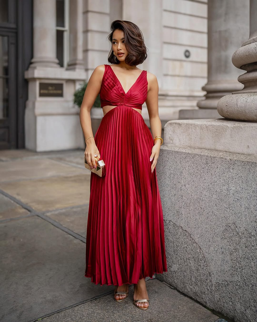 Women's Pleated Midi Dress with Cutout Waist Detail in Five Colours for Weddings and Celebrations | Koossa
