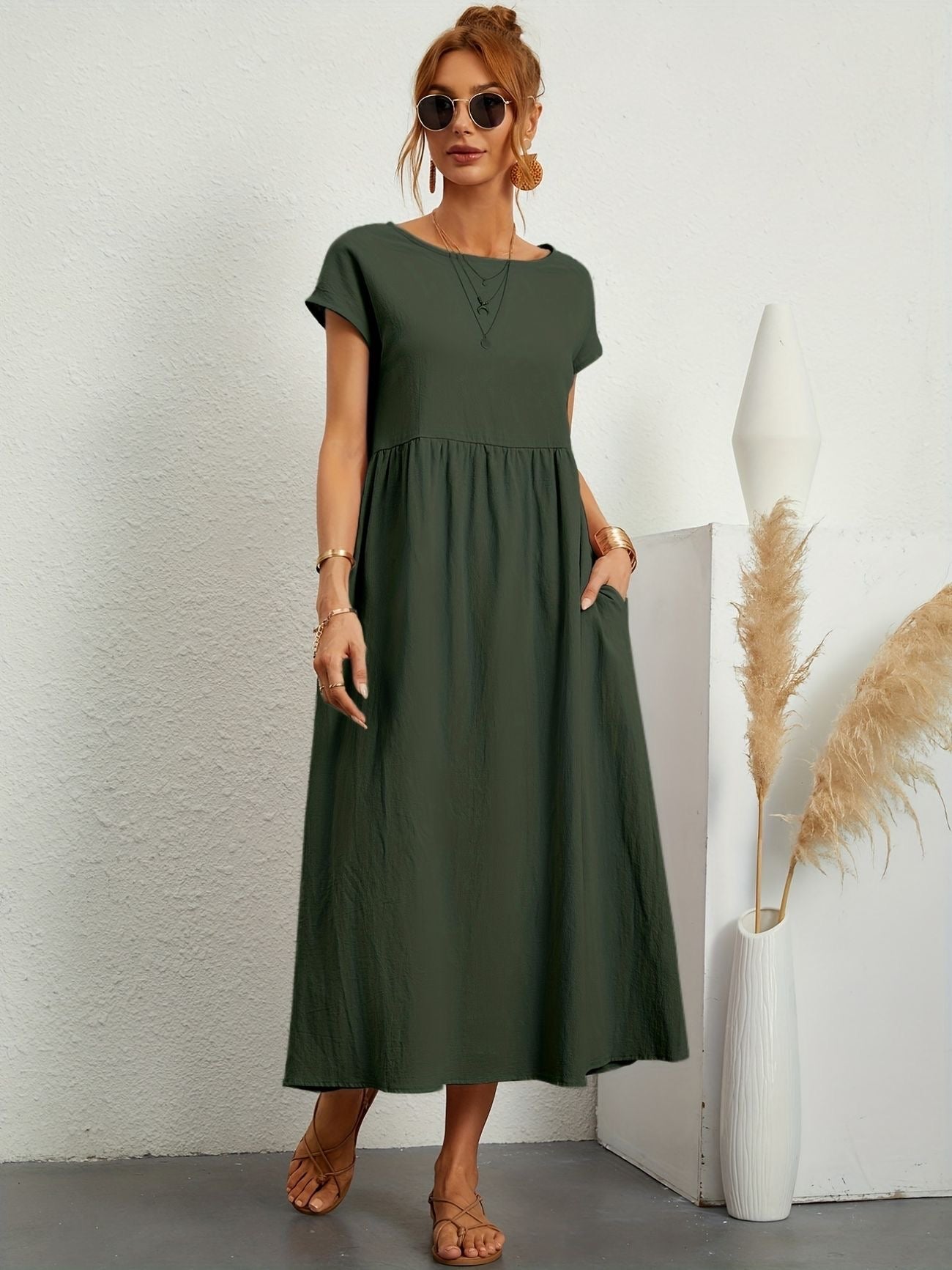 Women's Relaxed Fit Midi Dress with Pockets in Classic Solid Colours — Effortless Day-to-Evening Summer Staple with Short Sleeves and Flattering Loose Silhouette | Koossa