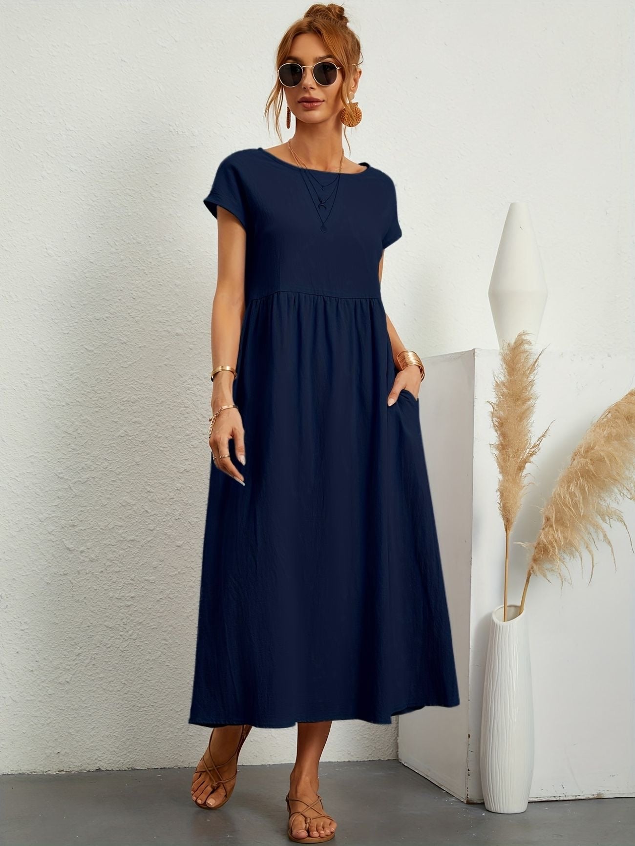 Women's Relaxed Fit Midi Dress with Pockets in Classic Solid Colours — Effortless Day-to-Evening Summer Staple with Short Sleeves and Flattering Loose Silhouette | Koossa