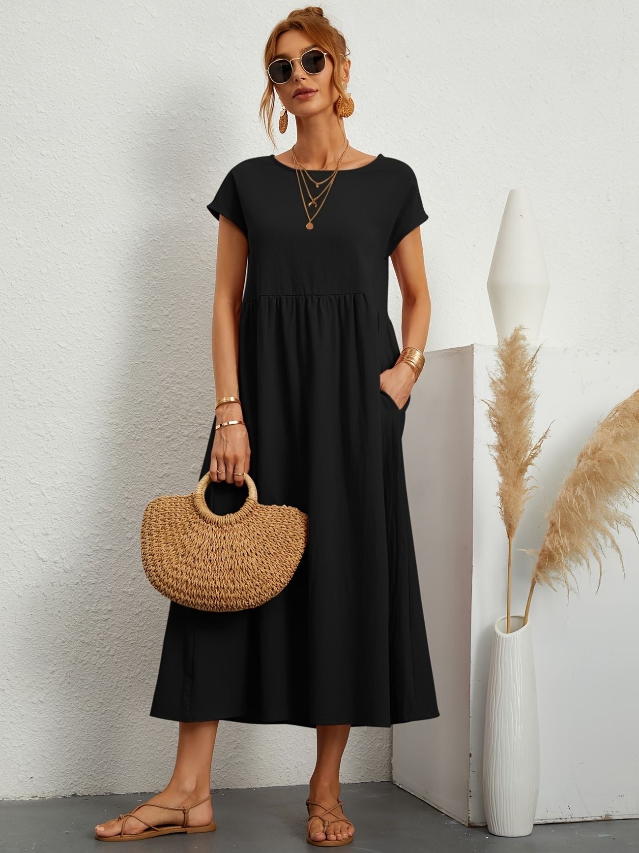 Women's Relaxed Fit Midi Dress with Pockets in Classic Solid Colours — Effortless Day-to-Evening Summer Staple with Short Sleeves and Flattering Loose Silhouette | Koossa