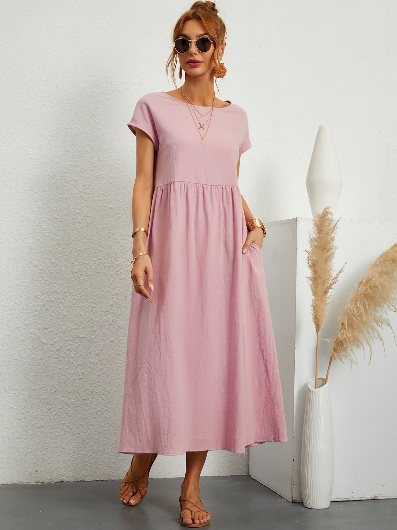 Women's Relaxed Fit Midi Dress with Pockets in Classic Solid Colours — Effortless Day-to-Evening Summer Staple with Short Sleeves and Flattering Loose Silhouette | Koossa