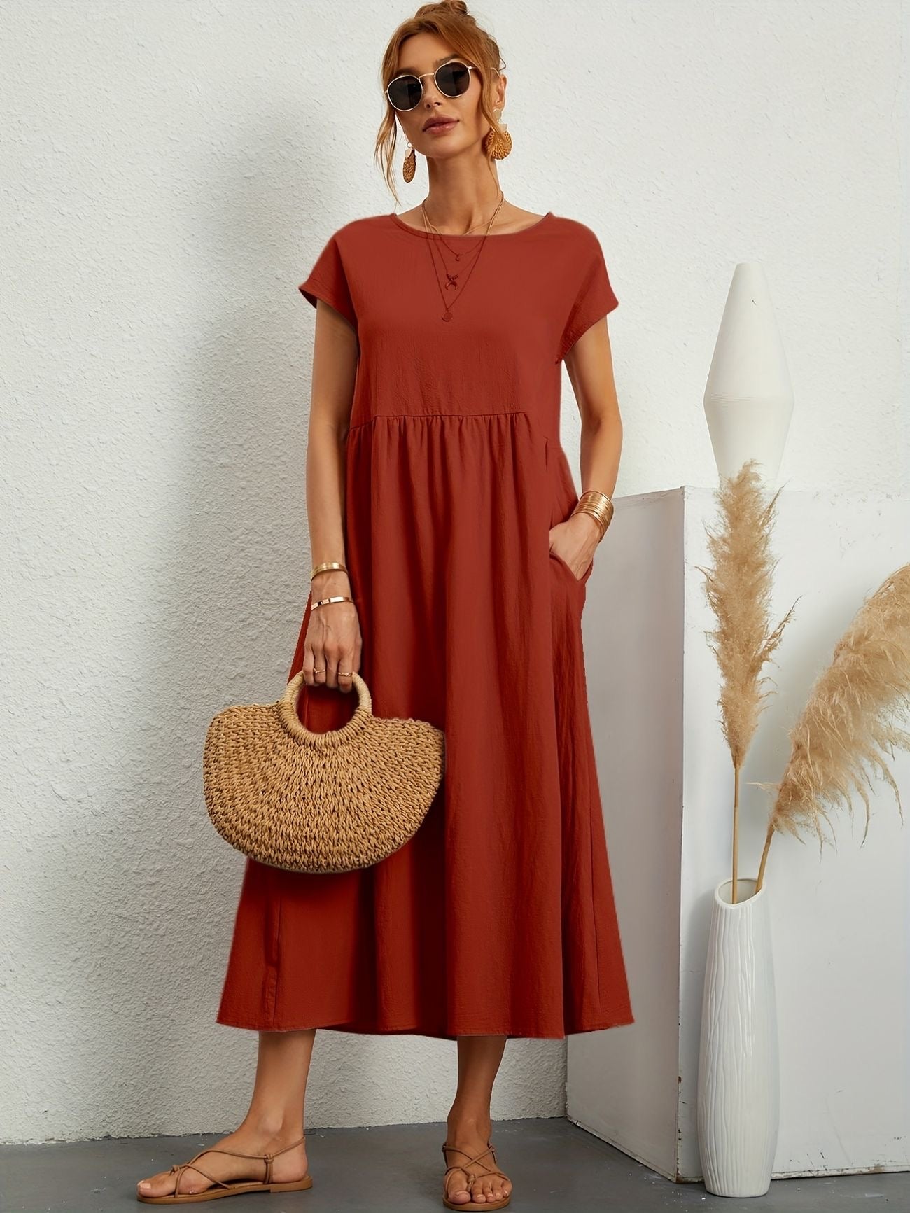 Women's Relaxed Fit Midi Dress with Pockets in Classic Solid Colours — Effortless Day-to-Evening Summer Staple with Short Sleeves and Flattering Loose Silhouette | Koossa