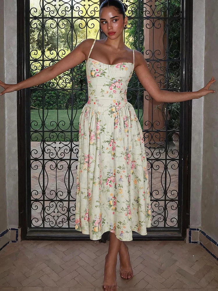 Women's Floral Strap Midi Dress in Green for Wedding Guests and Garden Parties | Lightweight Summer Occasion Dress with Fitted Bodice and Flowing Skirt | Koossa