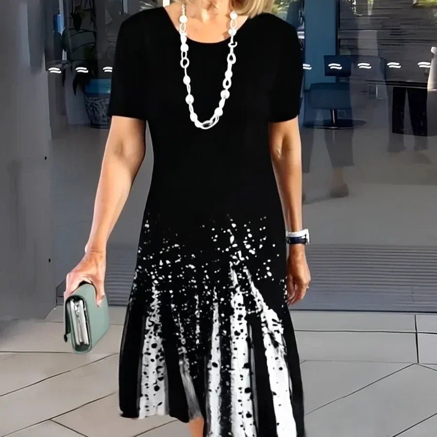 Women's Midi Dress with Abstract Monochrome Print and Relaxed A-Line Silhouette for Effortless Summer Occasions | Koossa