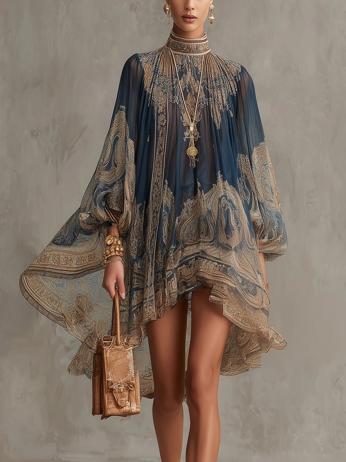 Women's Ornate Print High-Neck Chiffon Dress with Asymmetric Hem Navy Blue Baroque Party Evening Flowing Sleeves Elegant Occasion | Koossa