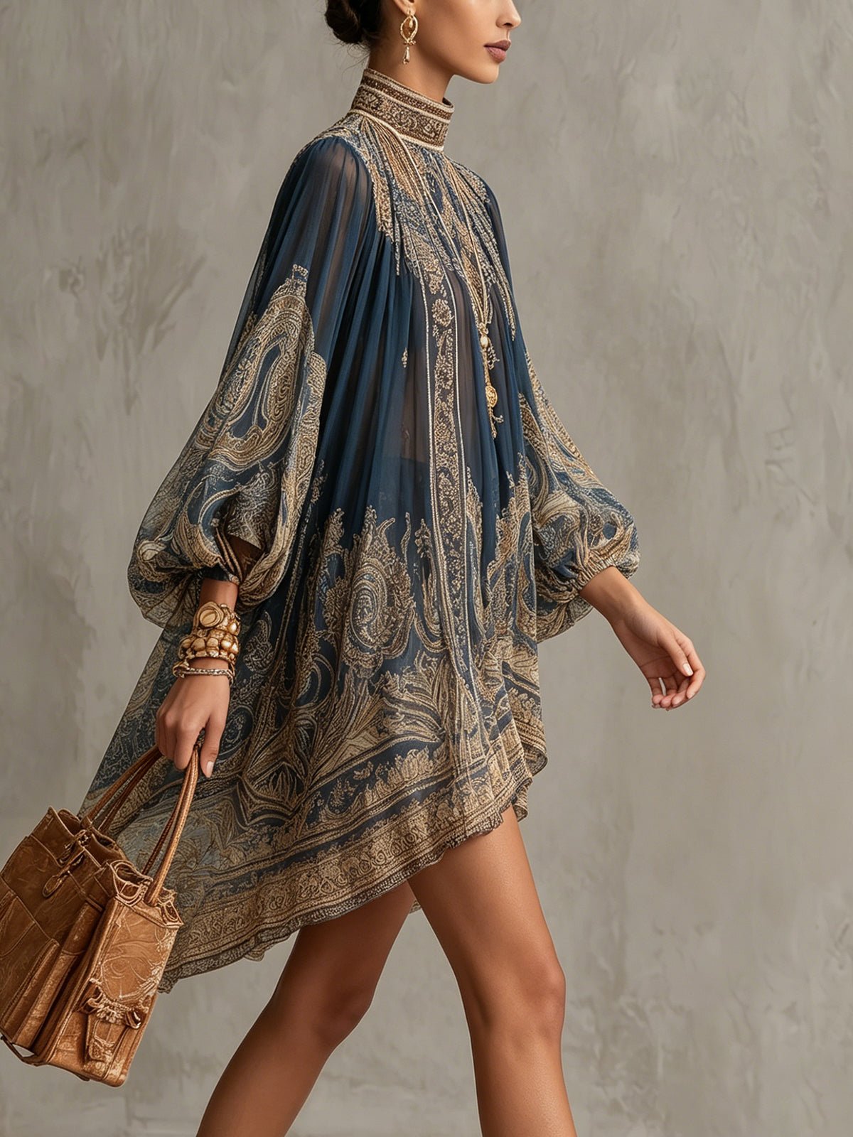 Women's Ornate Print High-Neck Chiffon Dress with Asymmetric Hem Navy Blue Baroque Party Evening Flowing Sleeves Elegant Occasion | Koossa