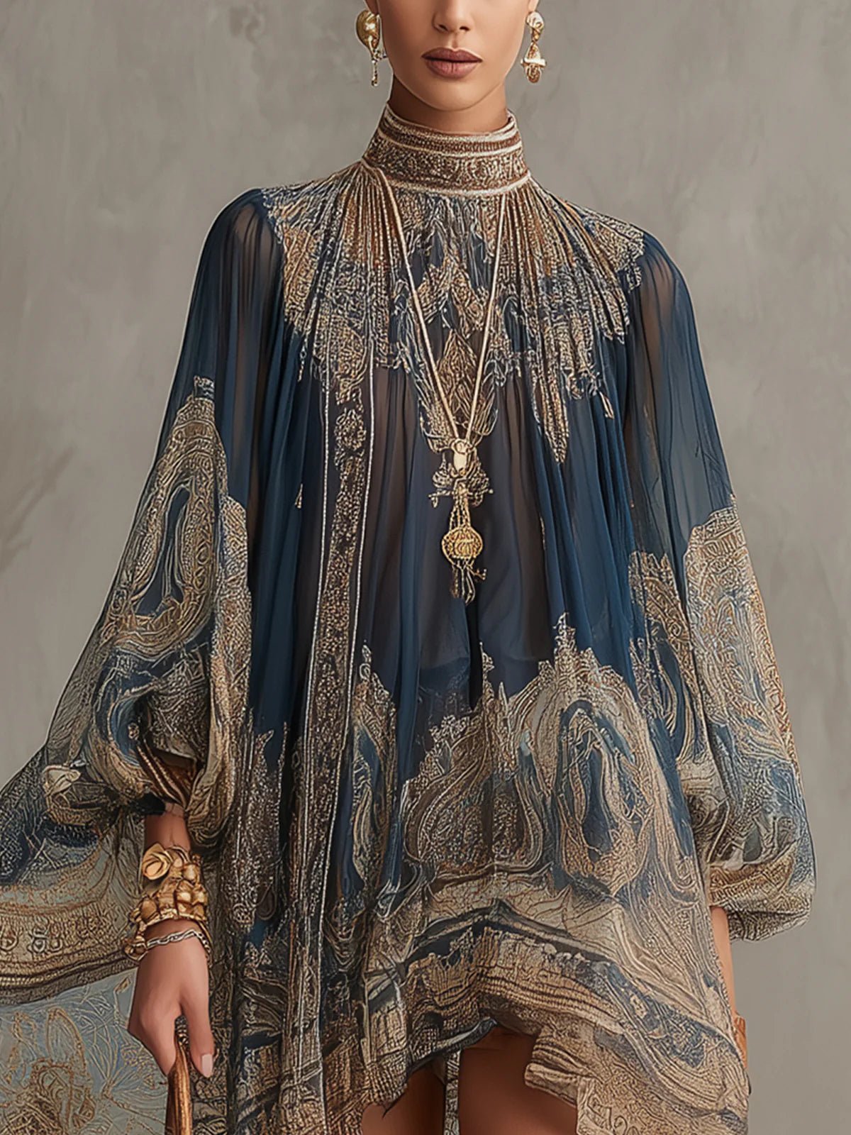 Women's Ornate Print High-Neck Chiffon Dress with Asymmetric Hem Navy Blue Baroque Party Evening Flowing Sleeves Elegant Occasion | Koossa