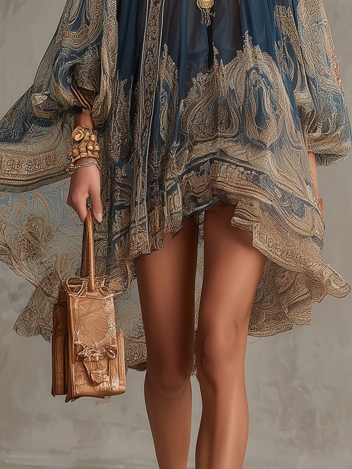 Women's Ornate Print High-Neck Chiffon Dress with Asymmetric Hem Navy Blue Baroque Party Evening Flowing Sleeves Elegant Occasion | Koossa