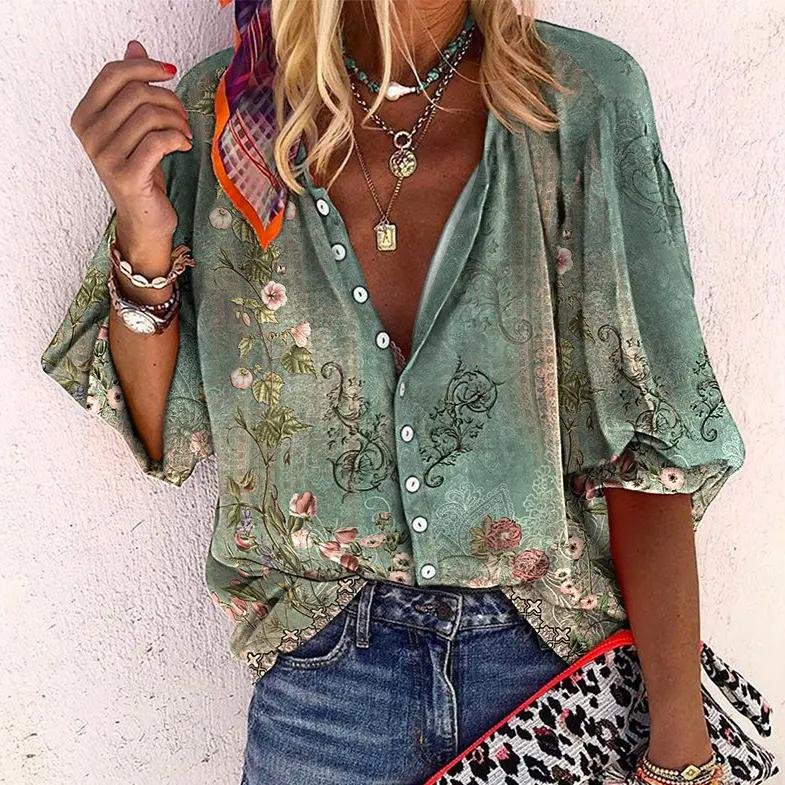Women's Floral Print V-Neck Blouse with Button Placket and Long Sleeves in Relaxed Fit | Elegant Printed Shirt for Office, Weekend, Casual Occasions | Koossa
