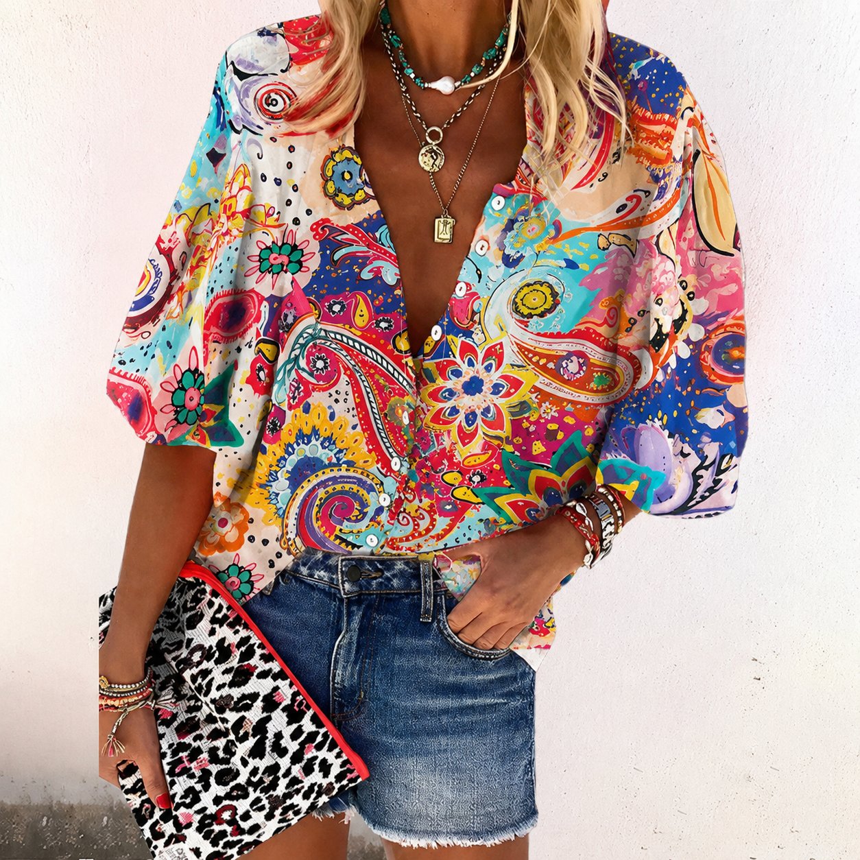 Women's Floral Print V-Neck Blouse with Button Placket and Long Sleeves in Relaxed Fit | Elegant Printed Shirt for Office, Weekend, Casual Occasions | Koossa