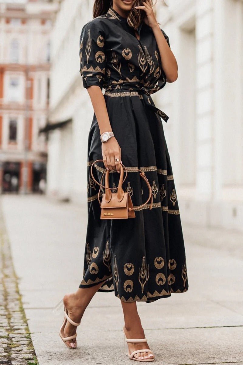 Belted Geometric Print Midi Dress in Flowing A-Line Silhouette with Three-Quarter Sleeves for Garden Parties Spring Occasions | Koossa