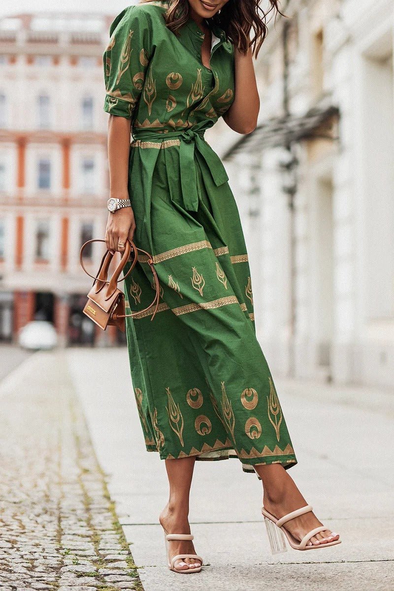 Belted Geometric Print Midi Dress in Flowing A-Line Silhouette with Three-Quarter Sleeves for Garden Parties Spring Occasions | Koossa
