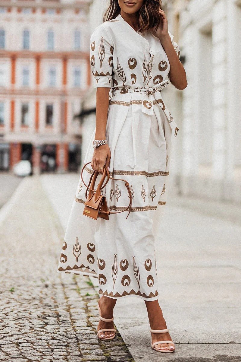 Belted Geometric Print Midi Dress in Flowing A-Line Silhouette with Three-Quarter Sleeves for Garden Parties Spring Occasions | Koossa