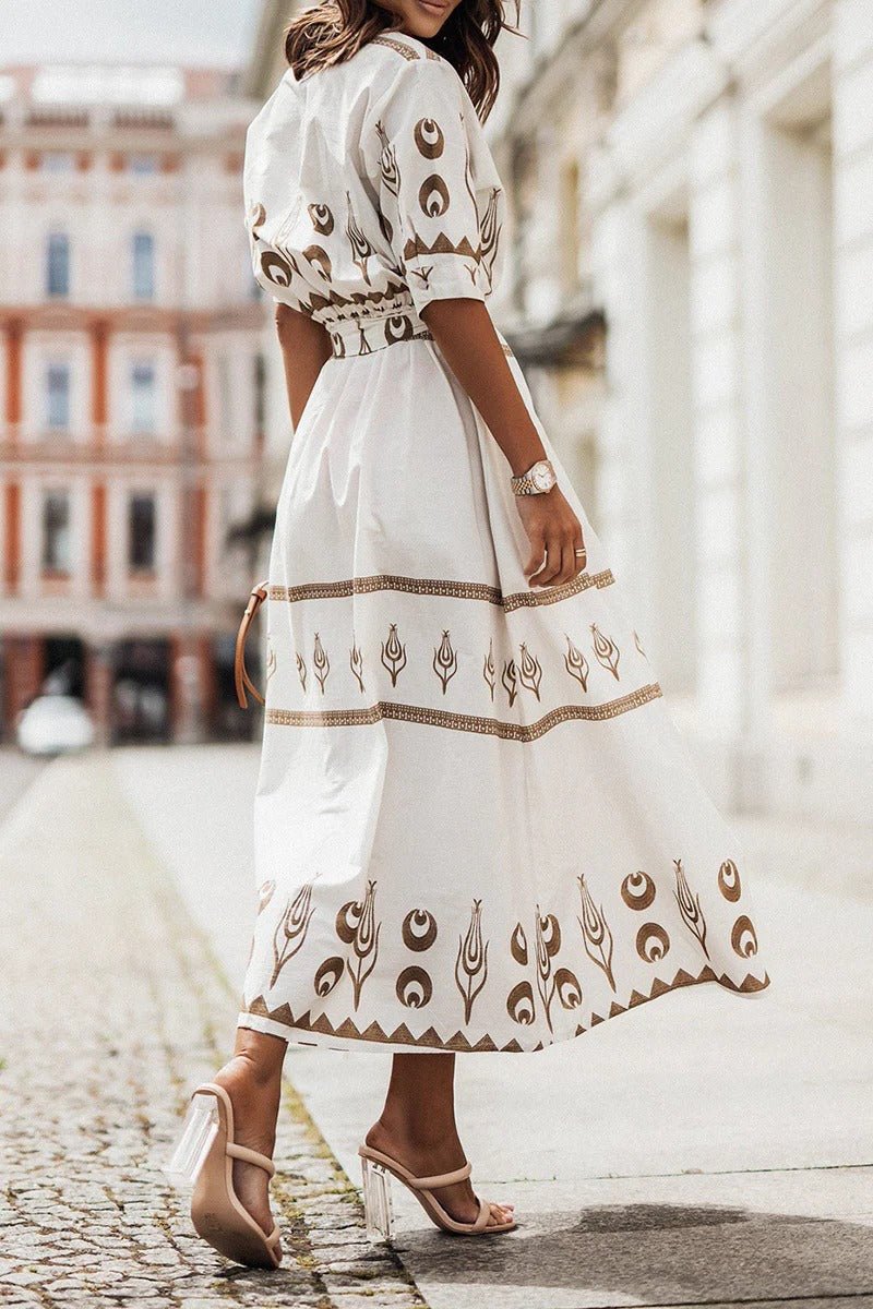 Belted Geometric Print Midi Dress in Flowing A-Line Silhouette with Three-Quarter Sleeves for Garden Parties Spring Occasions | Koossa