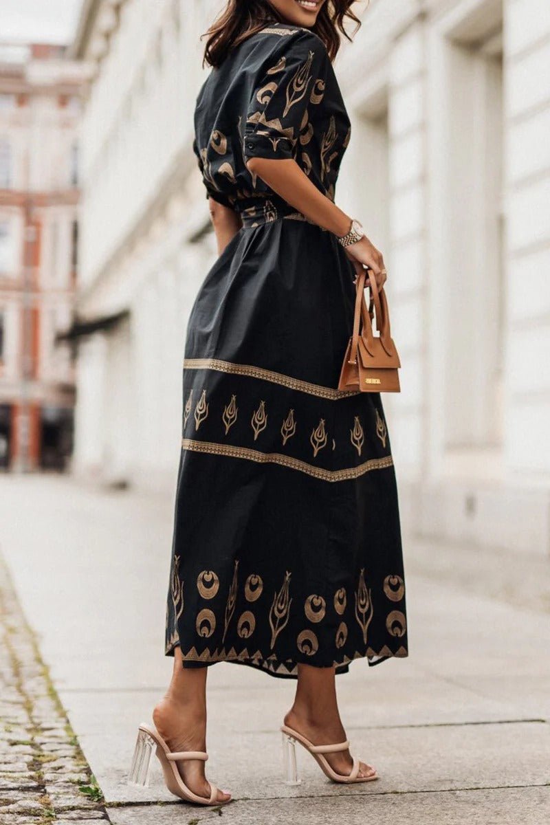 Belted Geometric Print Midi Dress in Flowing A-Line Silhouette with Three-Quarter Sleeves for Garden Parties Spring Occasions | Koossa