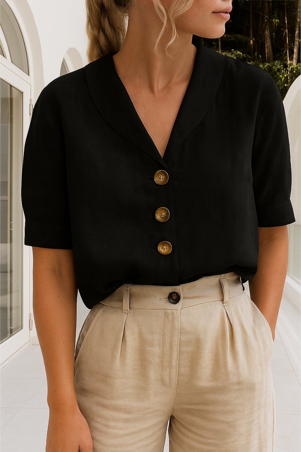 Women's Short Sleeve Button Blouse in Four Classic Colours for Work and Weekend | Koossa