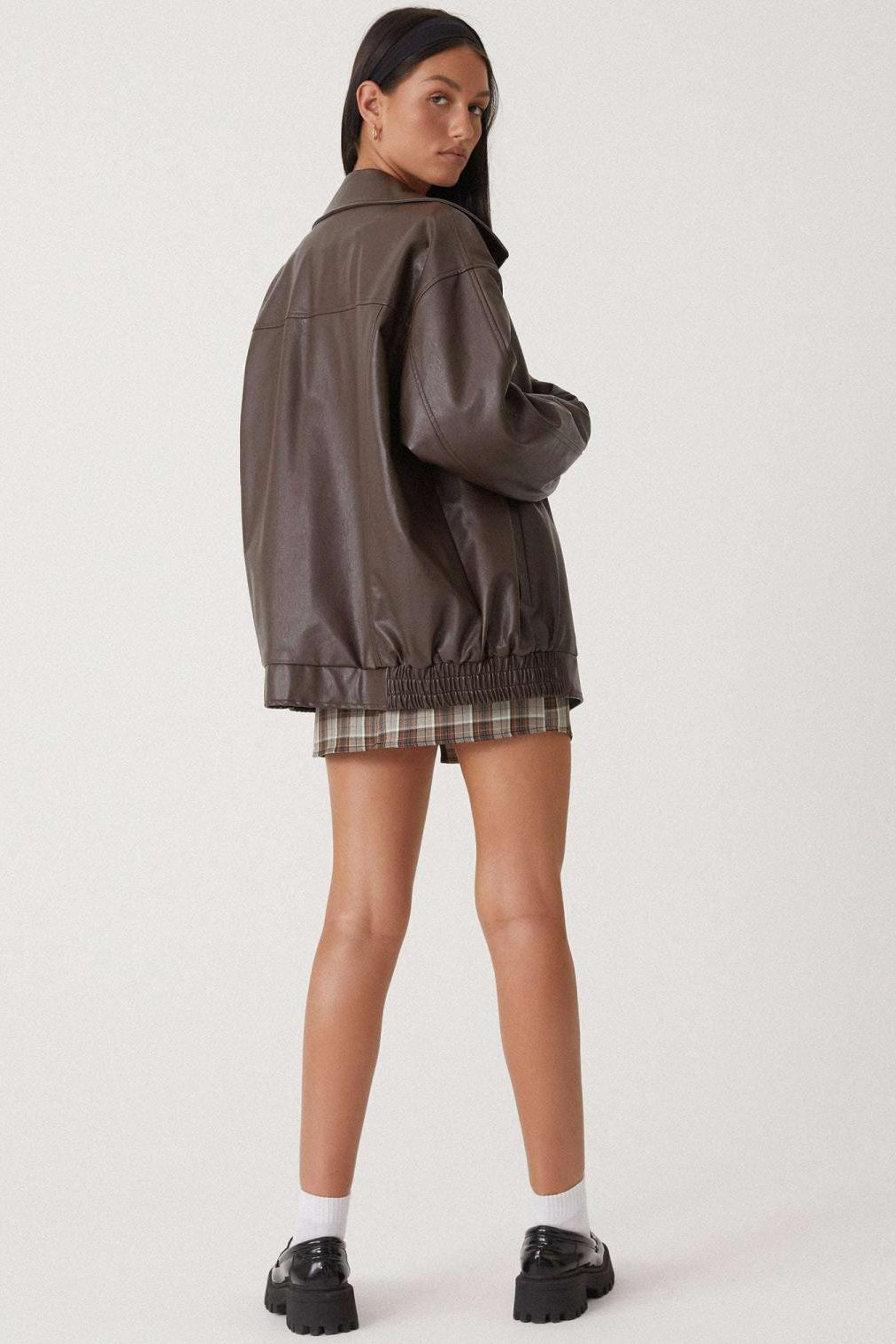 Oversized Faux Leather Jacket in Brown & Black with Wide Collar | Koossa