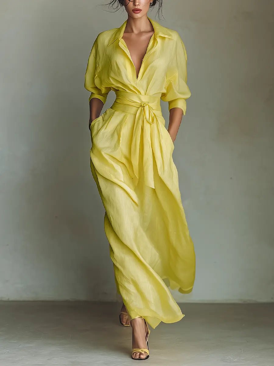 Women's Cotton-Linen Wrap Maxi Shirt Dress with Plunging Neckline in Yellow – Effortless Elegance for Warm-Weather Occasions, Garden Parties, and Summer Weddings | Koossa