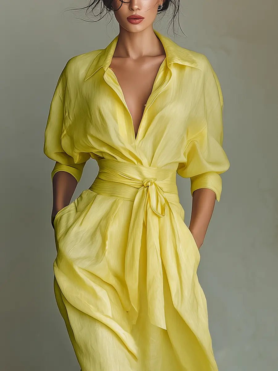 Women's Cotton-Linen Wrap Maxi Shirt Dress with Plunging Neckline in Yellow – Effortless Elegance for Warm-Weather Occasions, Garden Parties, and Summer Weddings | Koossa