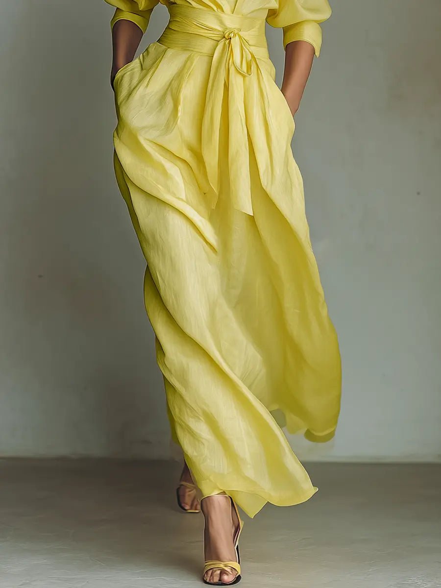 Women's Cotton-Linen Wrap Maxi Shirt Dress with Plunging Neckline in Yellow – Effortless Elegance for Warm-Weather Occasions, Garden Parties, and Summer Weddings | Koossa