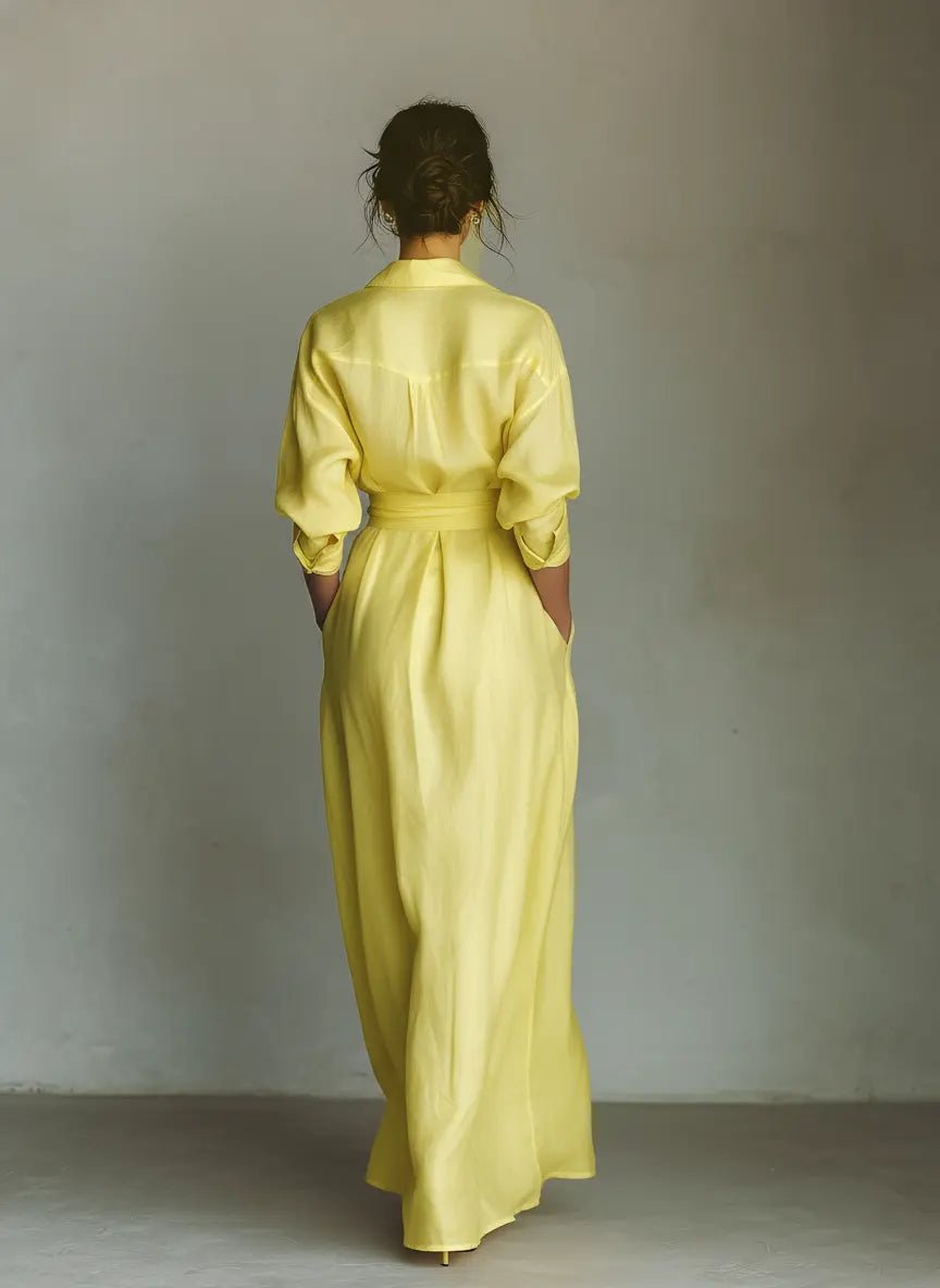 Women's Cotton-Linen Wrap Maxi Shirt Dress with Plunging Neckline in Yellow – Effortless Elegance for Warm-Weather Occasions, Garden Parties, and Summer Weddings | Koossa