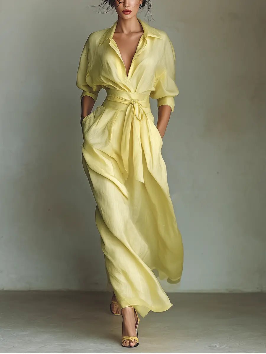 Women's Cotton-Linen Wrap Maxi Shirt Dress with Plunging Neckline in Yellow – Effortless Elegance for Warm-Weather Occasions, Garden Parties, and Summer Weddings | Koossa