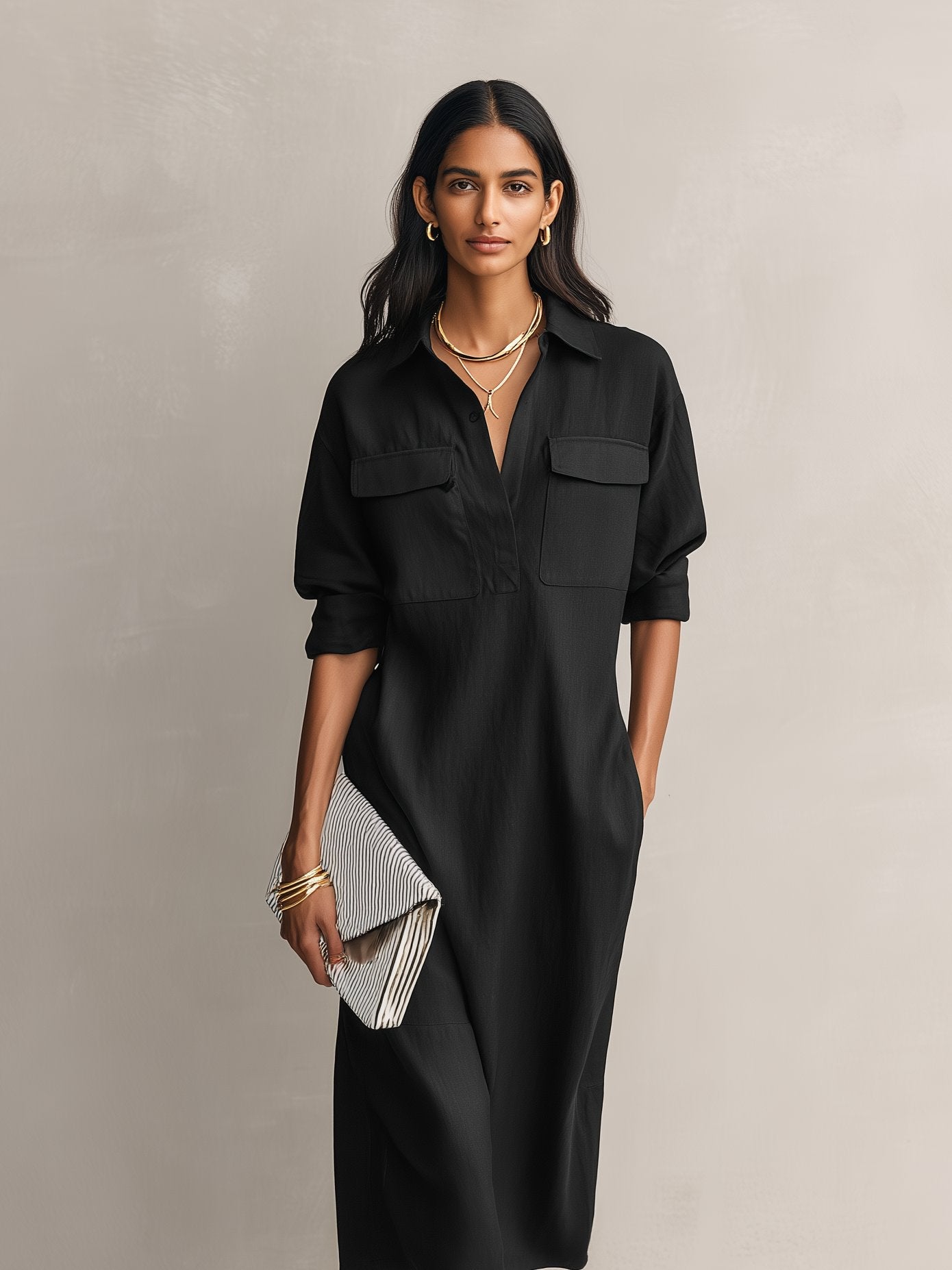 Women's Shirt Dress in Black Linen Blend – Midi Length with V-Neckline, Chest Pockets, and Rolled Sleeves for Relaxed Elegance | Koossa