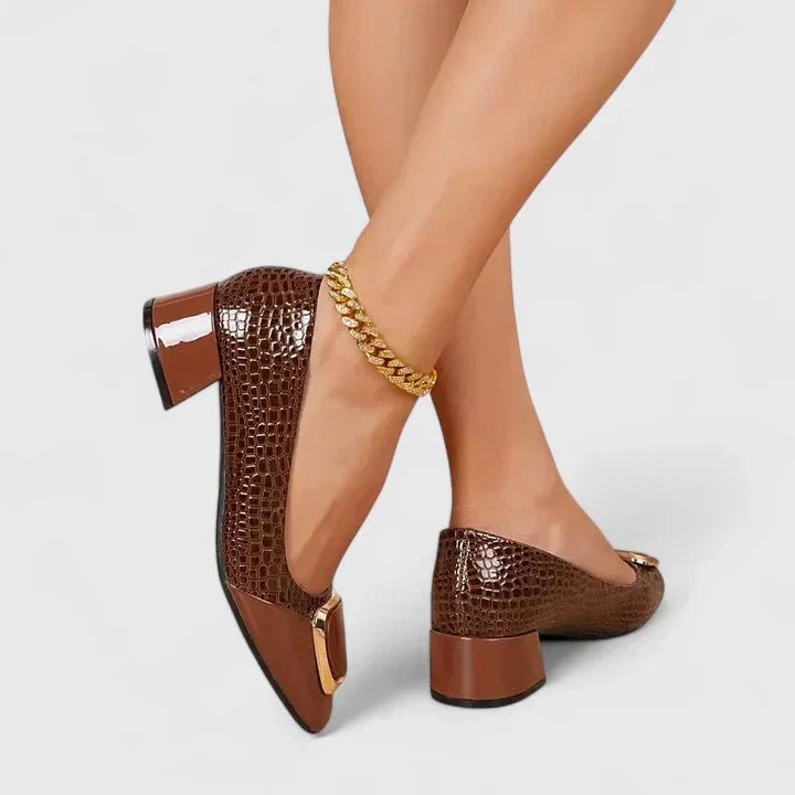 Women's Embossed Leather Loafers with Block Heel and Chain Trim | Koossa