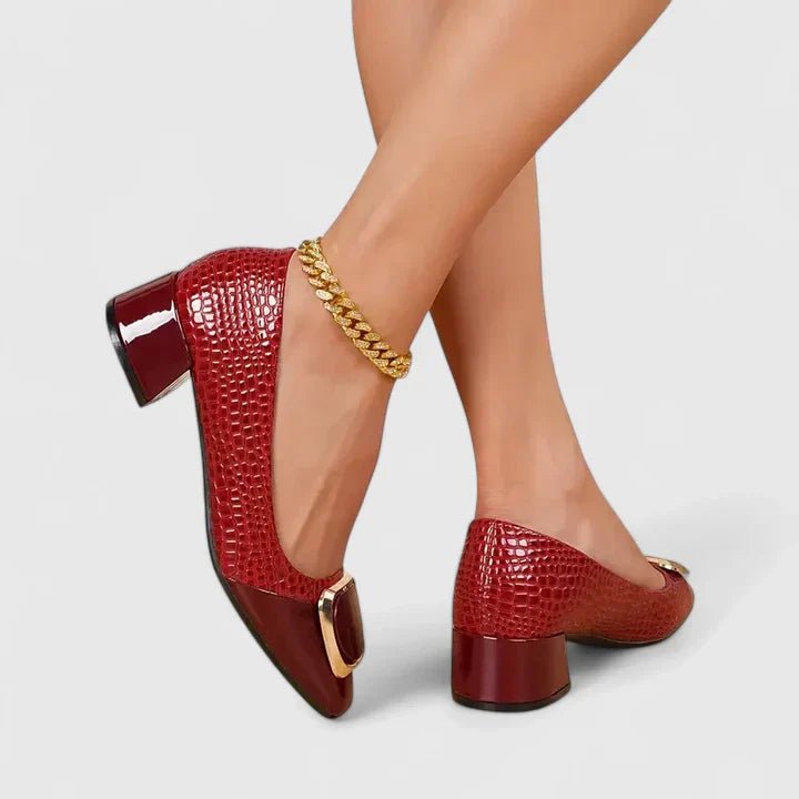 Women's Embossed Leather Loafers with Block Heel and Chain Trim | Koossa