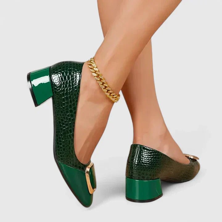 Women's Embossed Leather Loafers with Block Heel and Chain Trim | Koossa