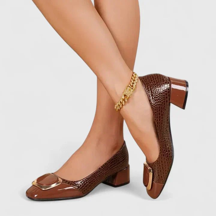 Women's Embossed Leather Loafers with Block Heel and Chain Trim | Koossa