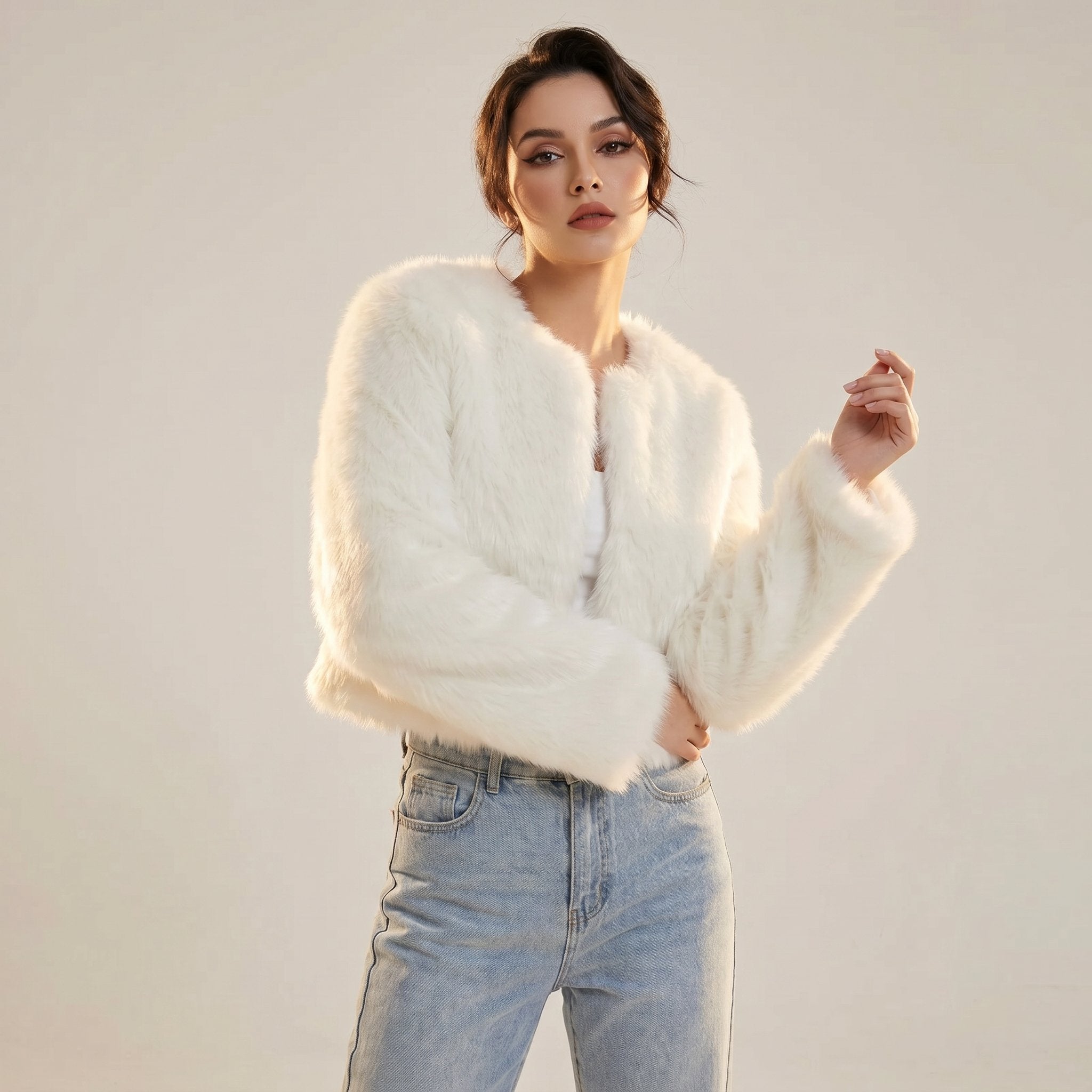 Cropped Faux Fur Jacket in Seven Colours for Elegant Winter Layering | Women's Short Plush Textured Cardigan Coat for Autumn Winter | Koossa